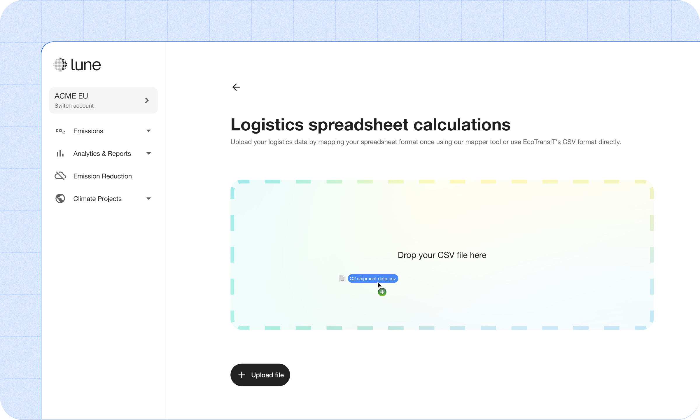 An image showing the page where you upload your file to start the process of emissions calculations for your shipments.