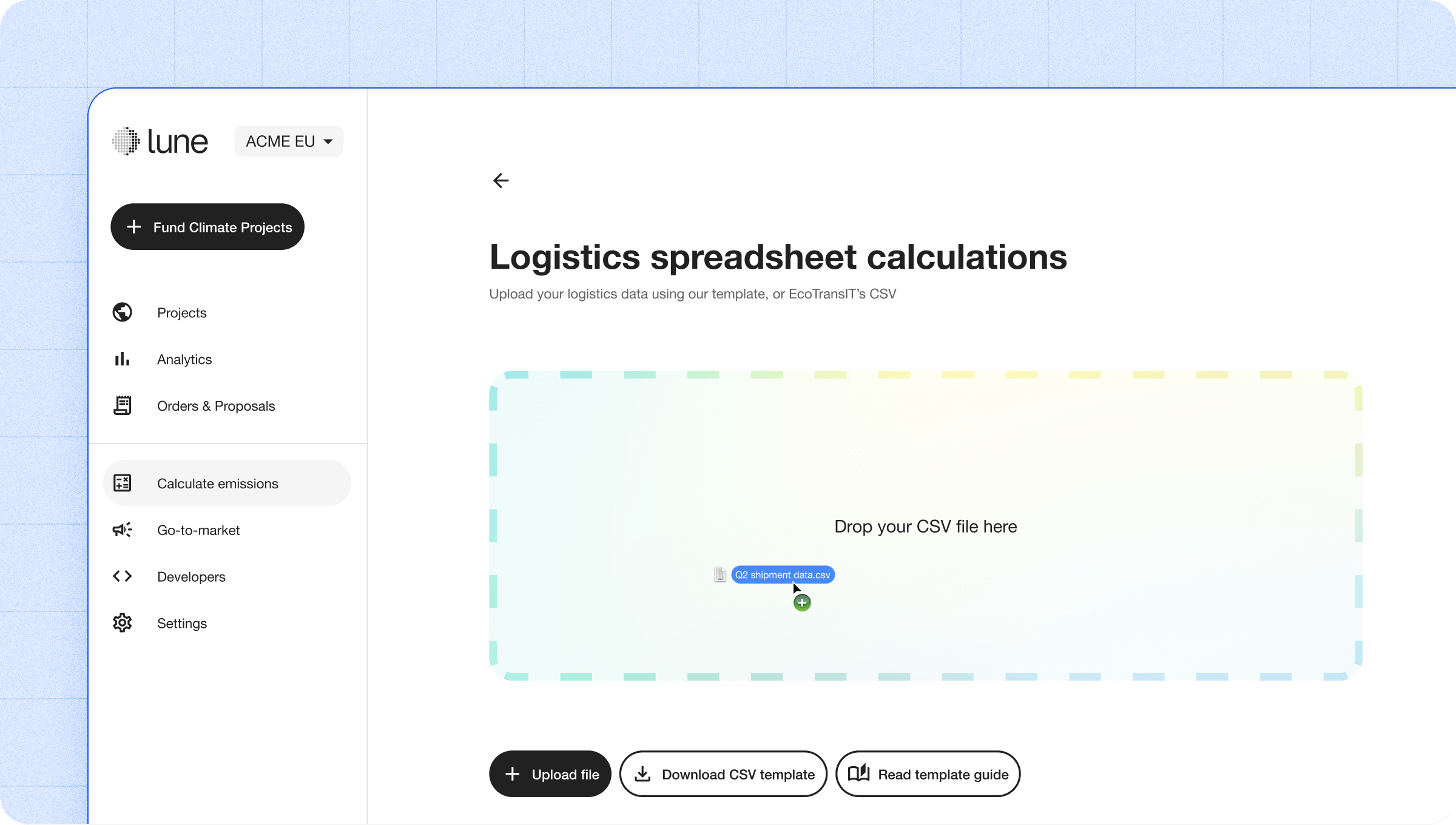 An image showing the drag and drop area of the dashboard, where the CSV can be uploaded.