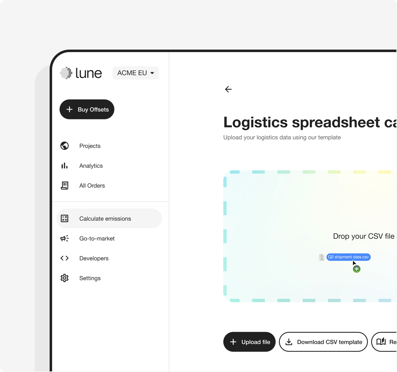 An image showing the drag and drop functionality for the CSV in the Lune dashboard.